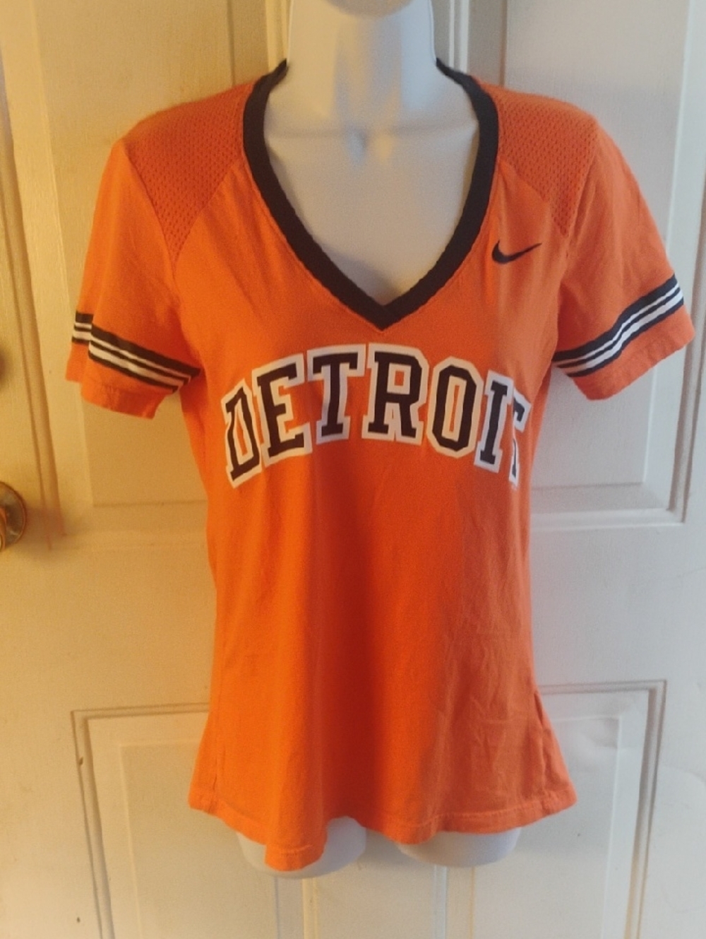Nike Women's Orange 'Detroit' V-Neck Tee with Blue Trim ( Cooperstown Collection